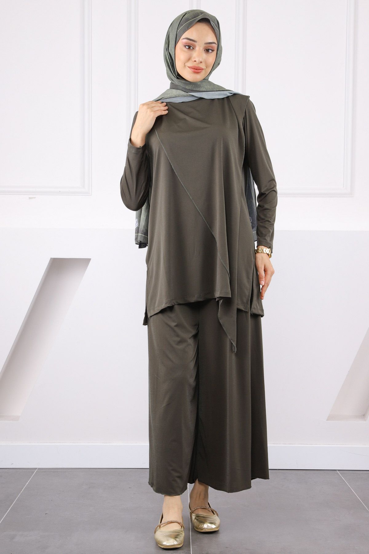 İmajButik Haki Ön Detaylı Sandy Tunik Pantolon Takım