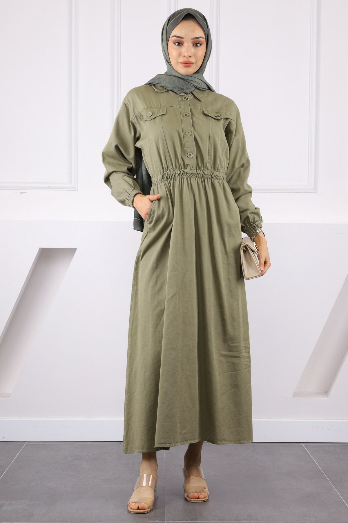 İmajButik Haki Bel Lastikli Cepli Gabardin Elbise