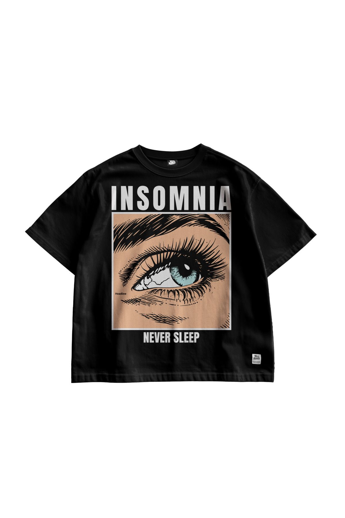 TresMonos Insomnia Baskılı Oversize Kısa Kollu Pamuklu Unisex Siyah Tişört