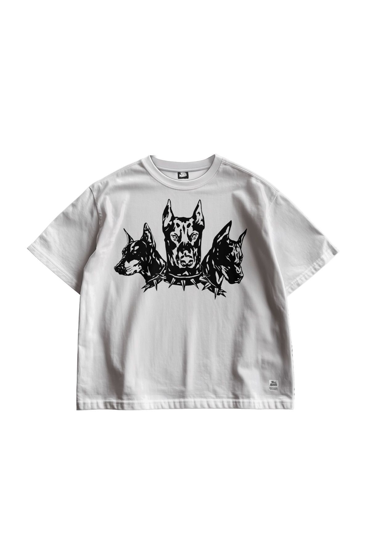 TresMonos Three Dogs Baskılı Oversize Kısa Kollu Pamuklu Unisex Beyaz Tişört
