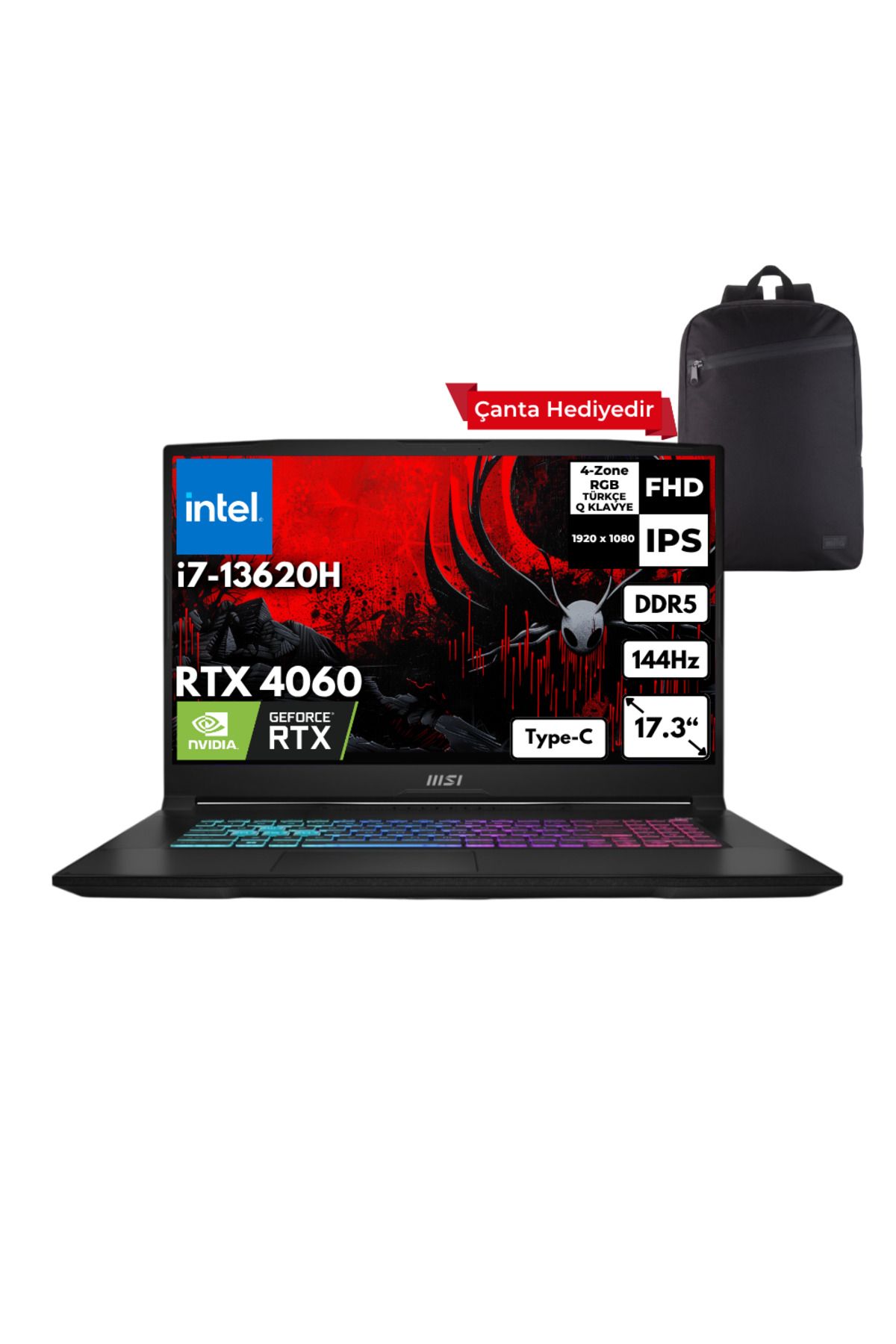 MSI KATANA 17 i7-13620H 32GB 4 TBSSD RTX4060 17.3" FHD Freedos + Sırt Çantası B13VFK-1037XTRHMF10