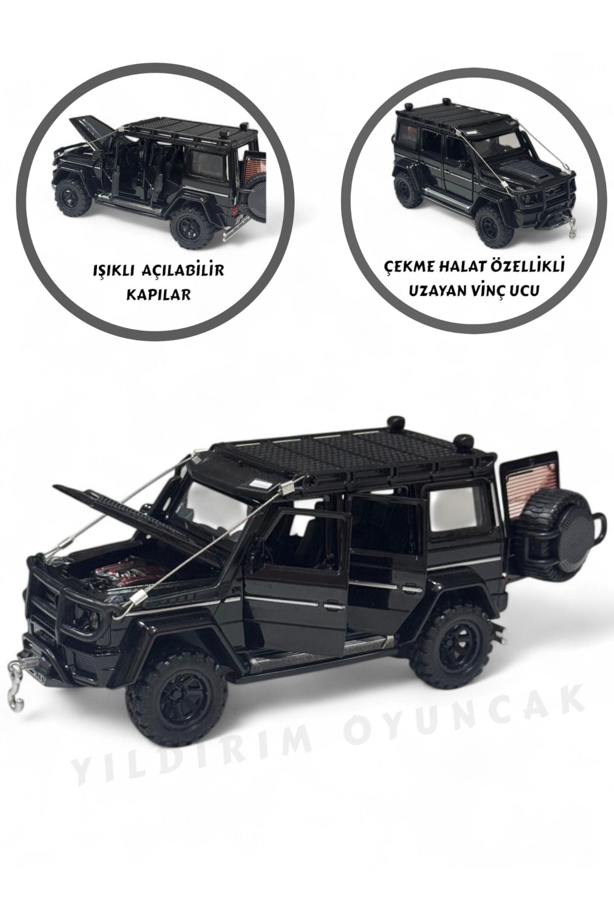 YILDIRIM OYUNCAK Çek Bırak Işıklı Ve Sesli Off Road Jeep 15 cm Çekme Halat İpli Metal Kasa Açılabilir Kapılar