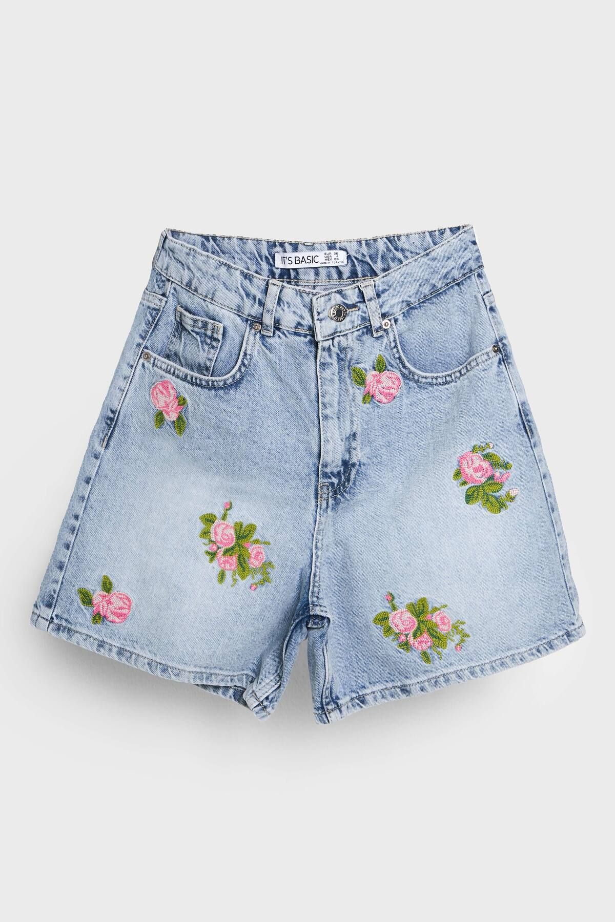 its basic Kadın Mavi Renk 4s5-3 Midi Boy Çiçek Nakışlı %100 Koton Tasarım Denim Şort