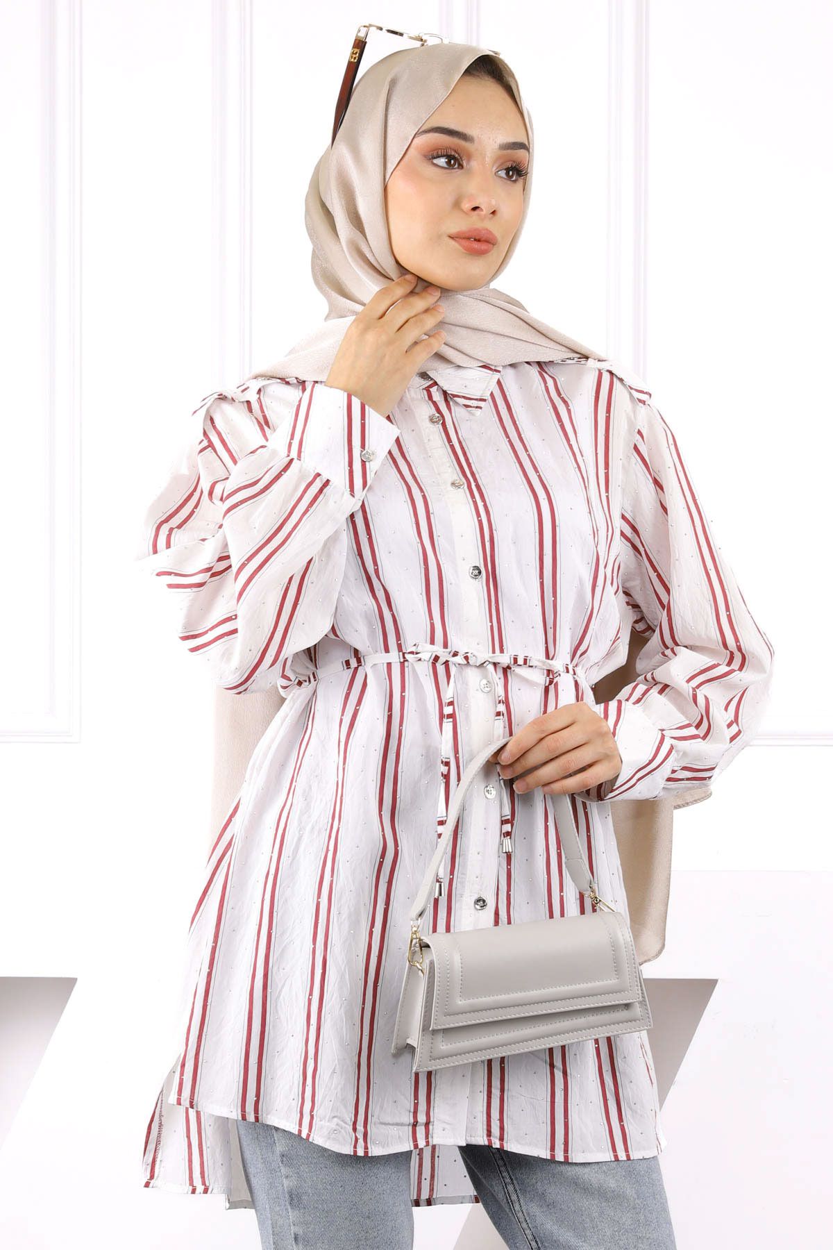 İmajButik Bordo Taş Detaylı Çizgili Tunik