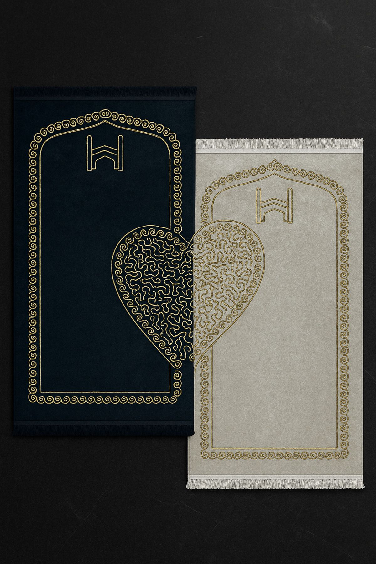 Hig Store Kalpli Eşli Çift / Gelin Damat Bohçası Çeyizlik Seccade Pamuk Taban Siyah-Krem 80X120 Saçaklı