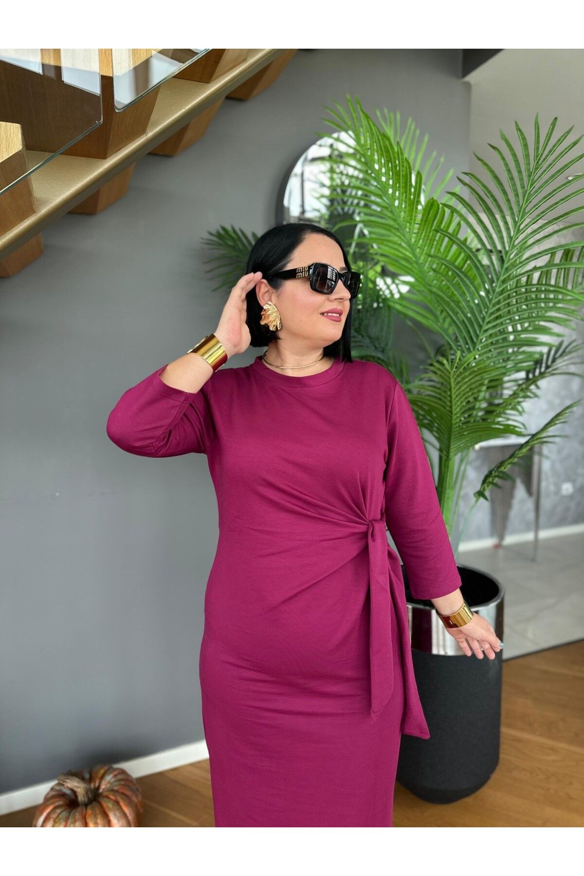Vio Moda Büyük Beden Bağlama Detaylı Elbise