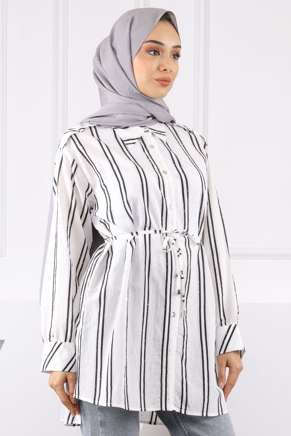 İmajButik Siyah Taş Detaylı Çizgili Tunik