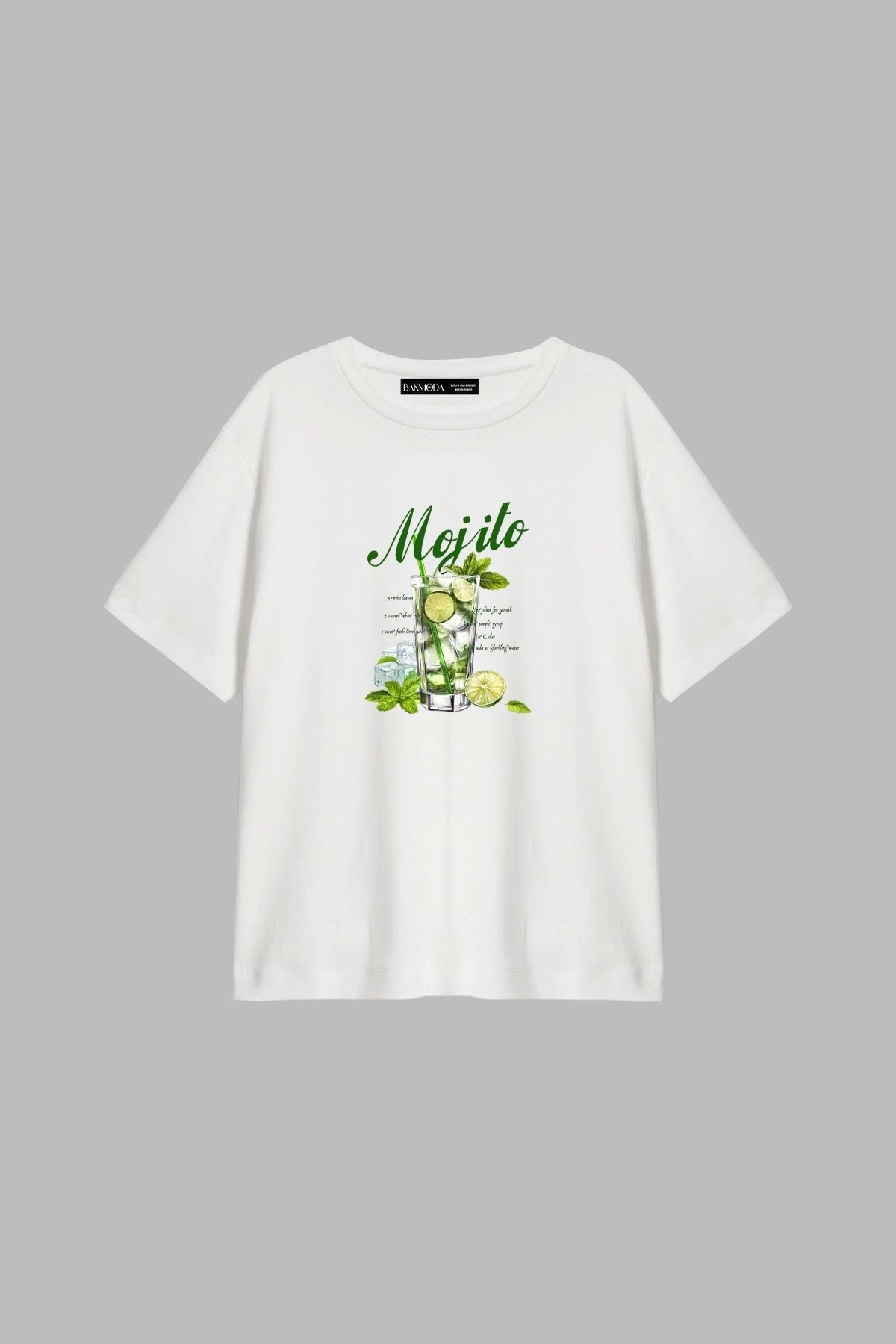 Bak Moda Iced Mojito Baskılı Relaxed Fit Beyaz Kadın Tshirt