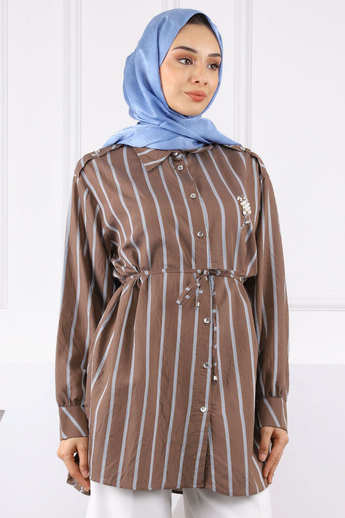 İmajButik Kahverengi Taş Detaylı Çizgili Tunik