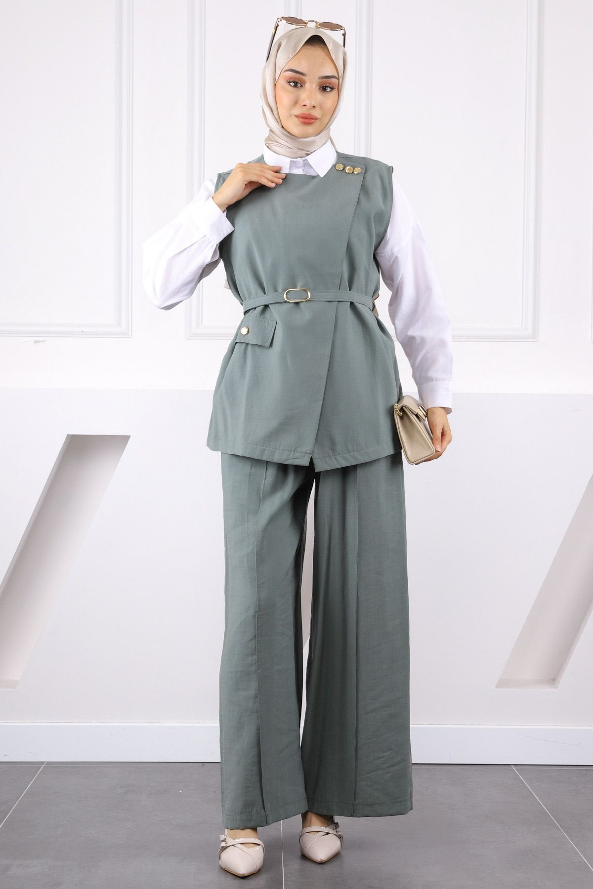 İmajButik Çağla Bel Kemerli Yelek Pantolonlu Takım
