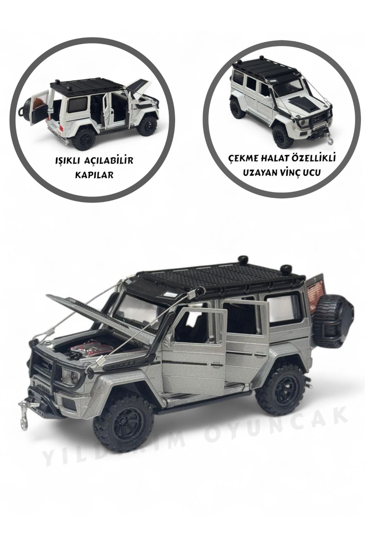 YILDIRIM OYUNCAK Çek Bırak Işıklı Ve Sesli Off Road Jeep 15 cm Çekme Halat İpli Metal Kasa Açılabilir Kapılar