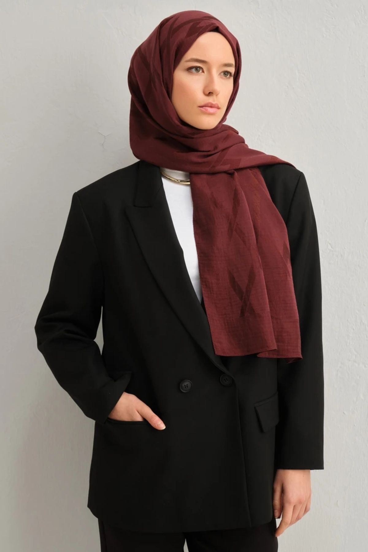 Armine Lyocell İpek Şal 1002-1 Geometrik Desen Bordo-1110-29