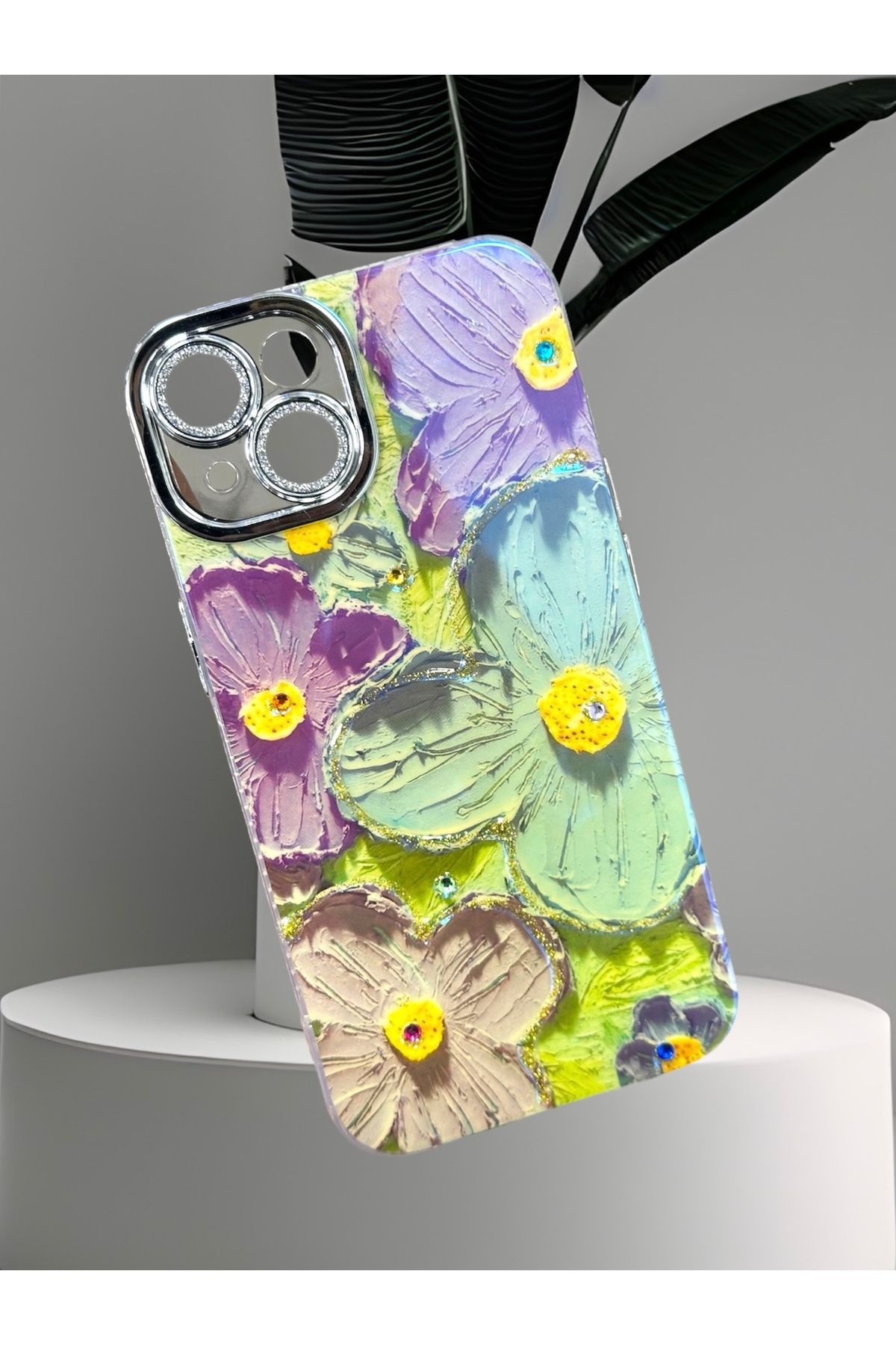 BURKİNA iPhone 13 iPhone 14 için uyumlu Taşlı Kamera Lens Koruyucu Renkli Darbe Emici Kılıf