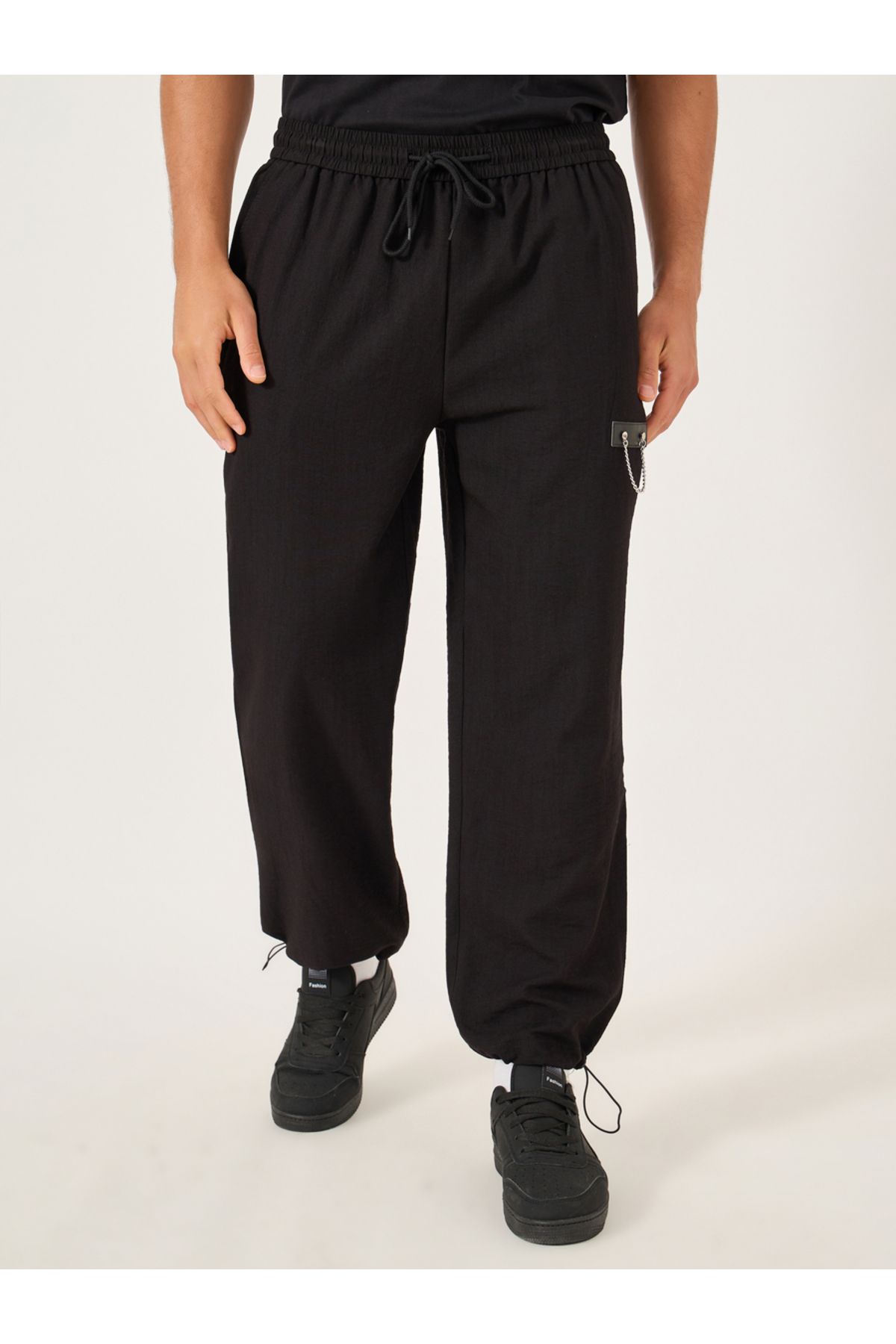 Take Two By Styli-Solid Drawstring Waist Relaxed Fit Pants with Chain Detail 1