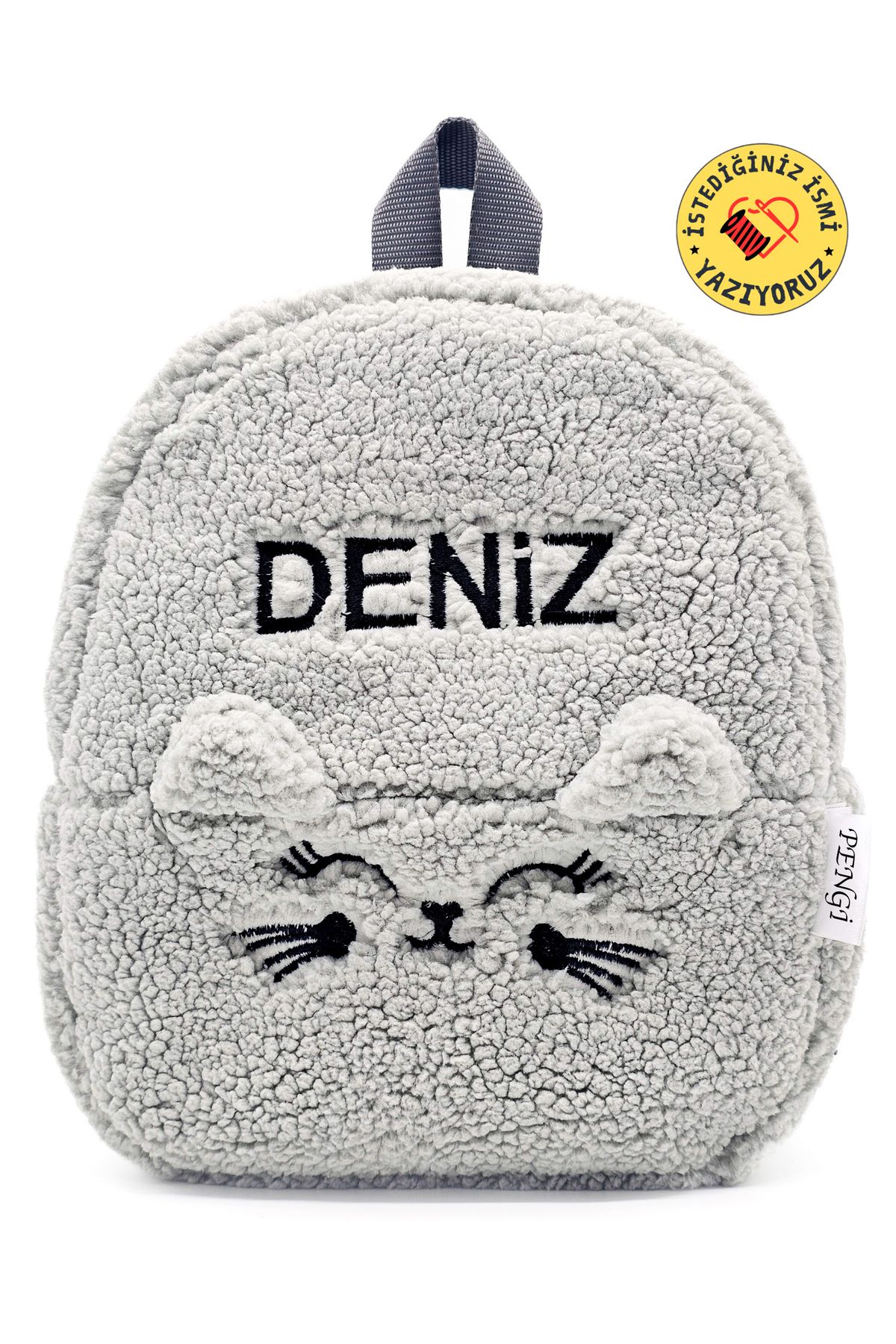 PENGİ [ İSTEDİĞİNİZ İSMİ YAZIYORUZ ] Kedicik Gri (FİGÜR+İSİM) 0-8 Yaş Çocuk Sırt Çantası, Anaokulu -kreş
