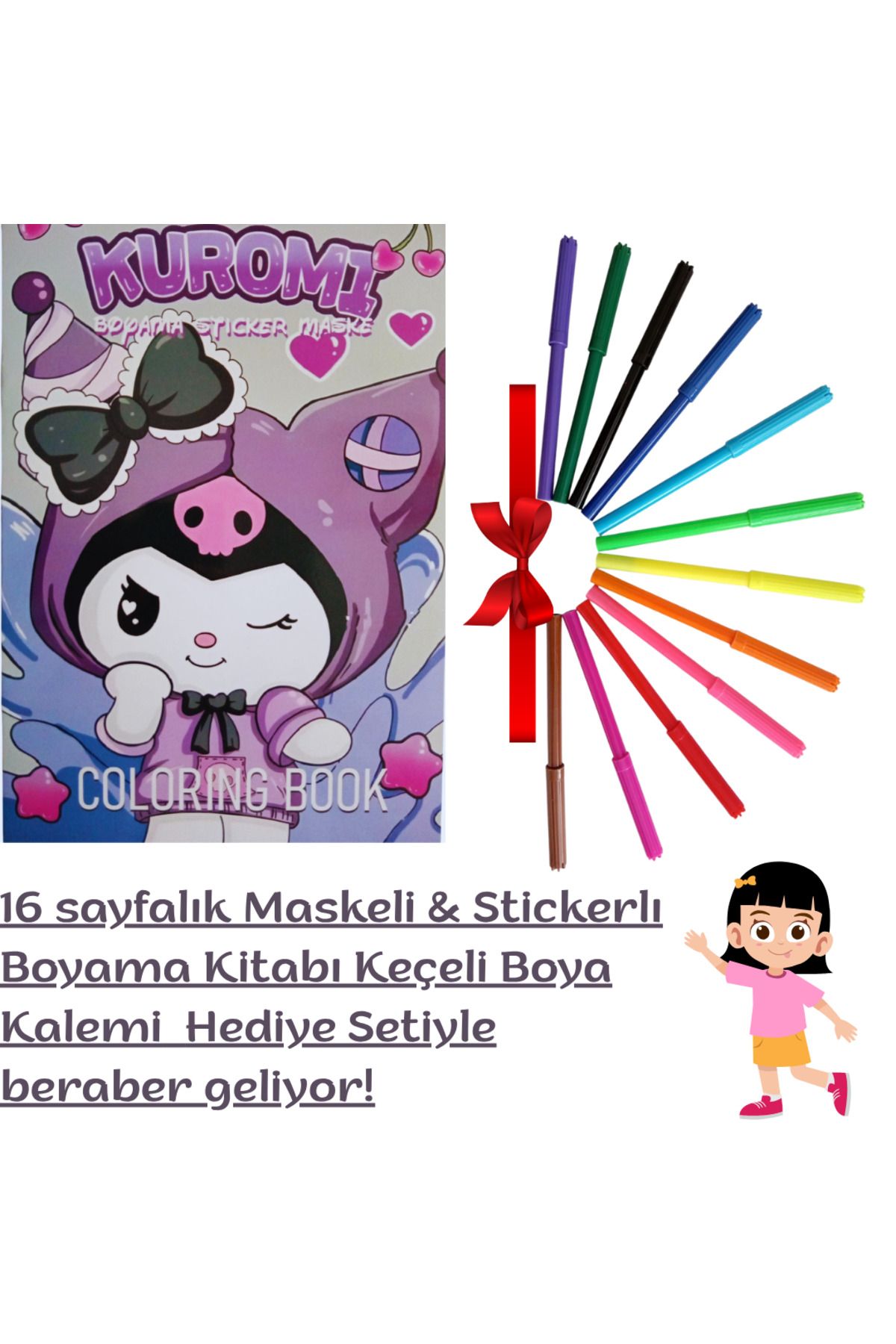 booddie Kuromi Boyama Kitabı Stickerlı (arka Kapak Kesilerek Maskeli ) 12'li Keçeli Boya Kalem Seti