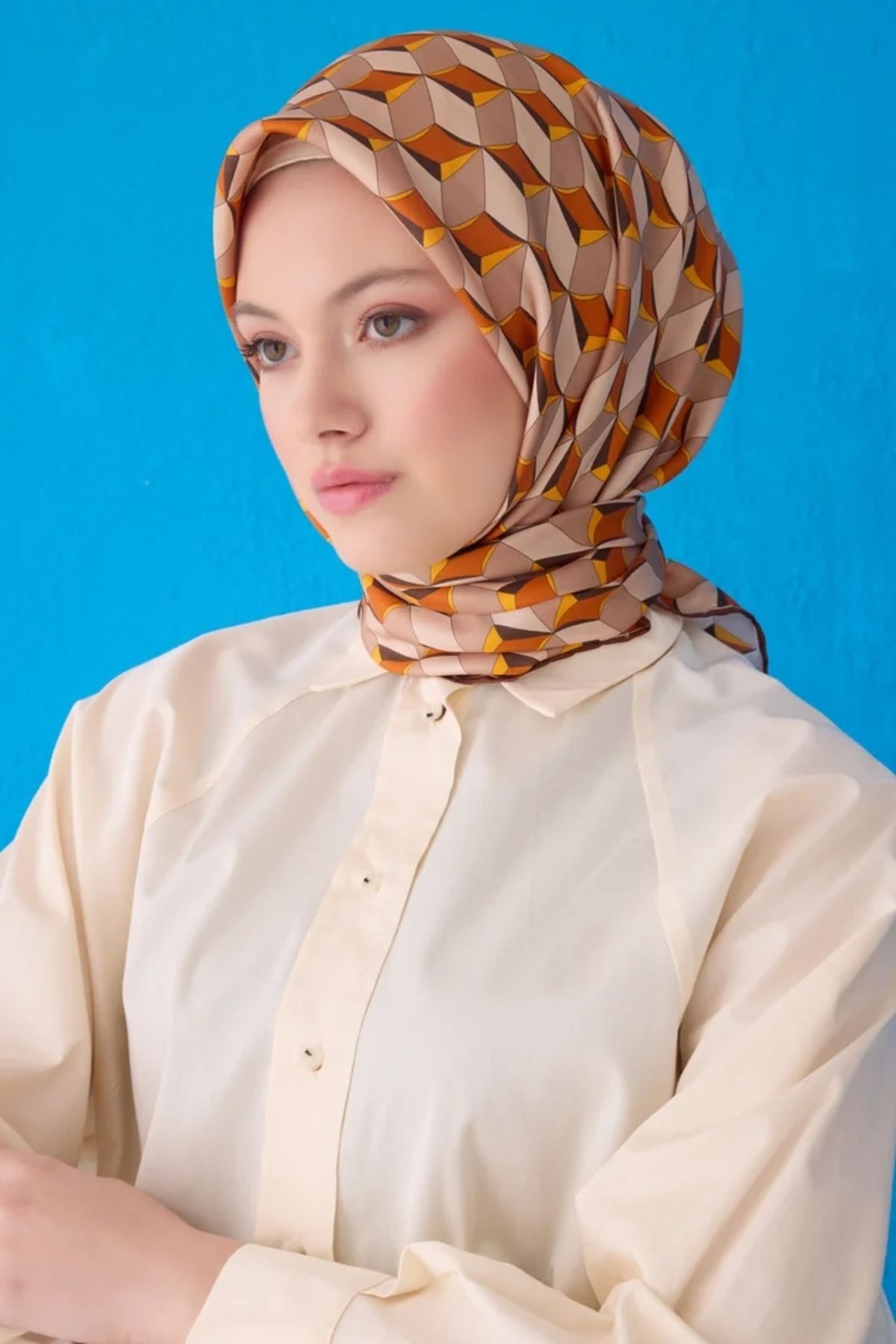 Belli Twill İpek Eşarp 4112D Geometrik Desen Vizon-Turuncu-36