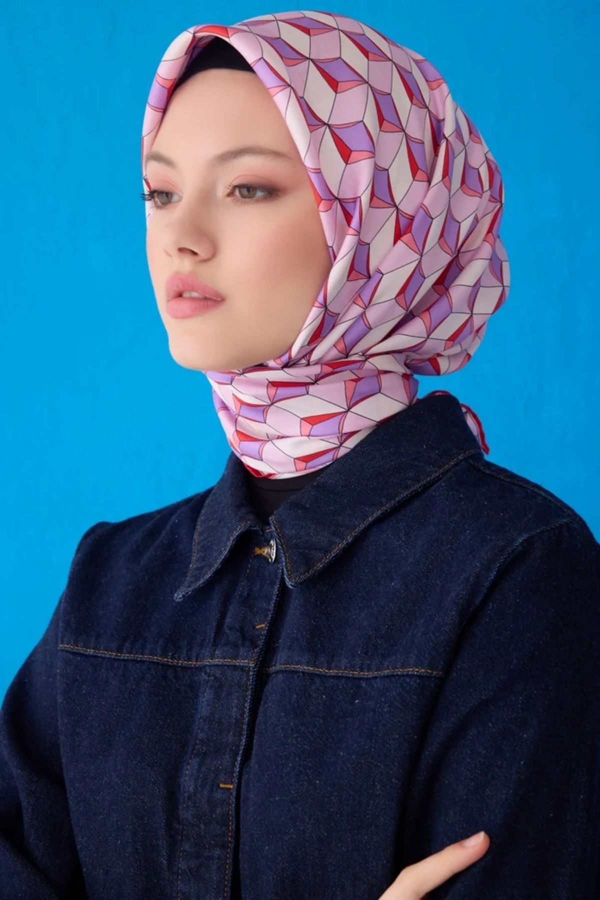 Belli Twill İpek Eşarp 4112D Geometrik Desen Pudra-Mor-53
