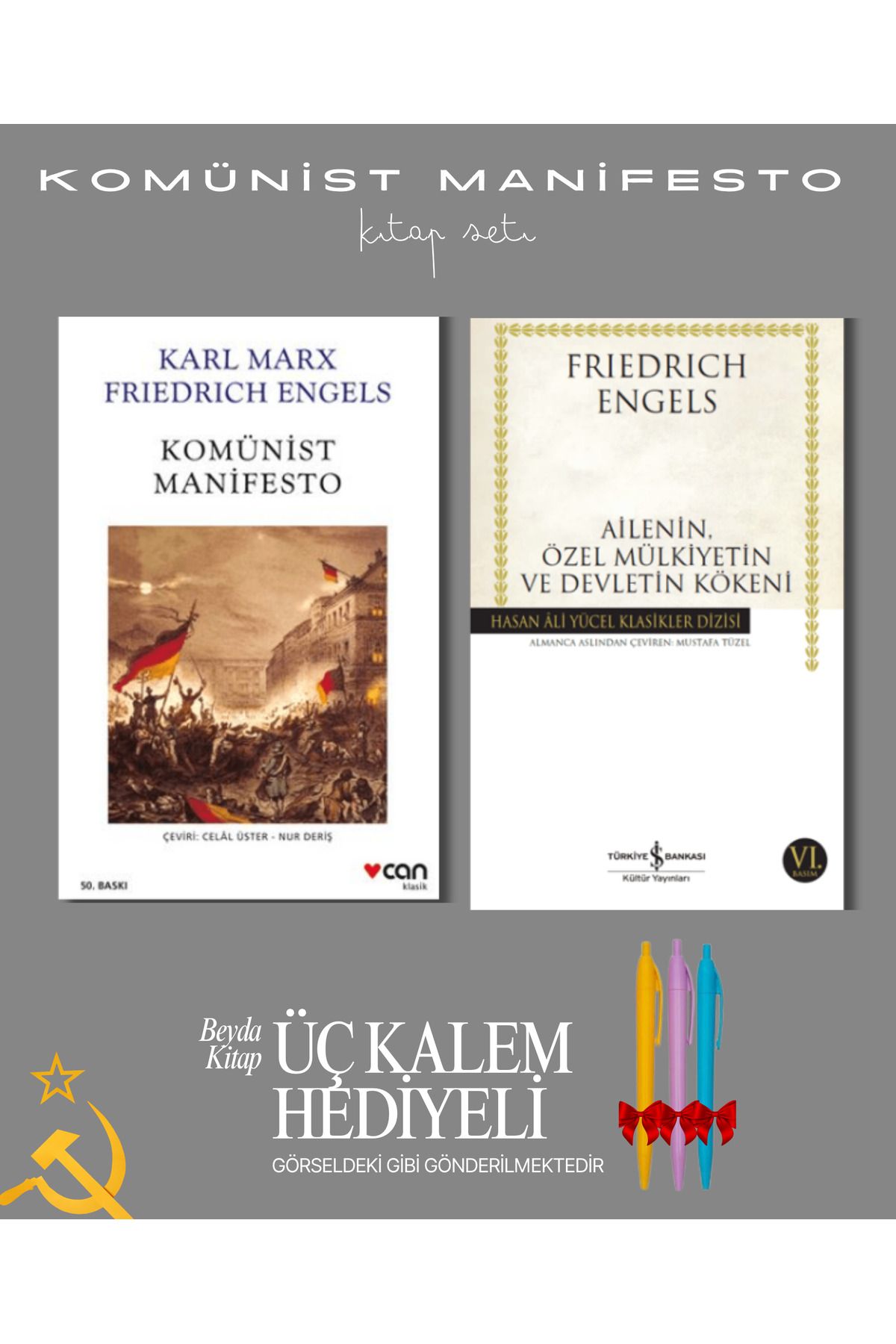 İletişim Yayınları Komünist Manifesto - Devletin Kökeni - Kitap Seti - Üç Kalem Hediyeli - KMNZ255