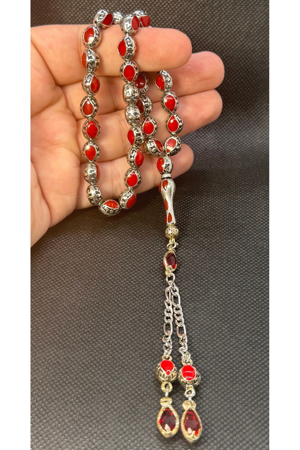 EnazStore Kırmızı Mineli Gümüş Benzetme Alpaka Tesbih