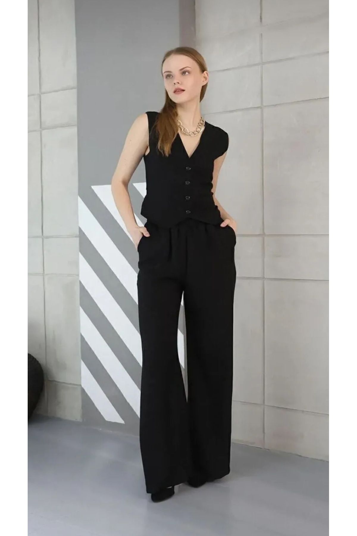 ayz collection Cepli yelekli pantolon ikili takım siyah