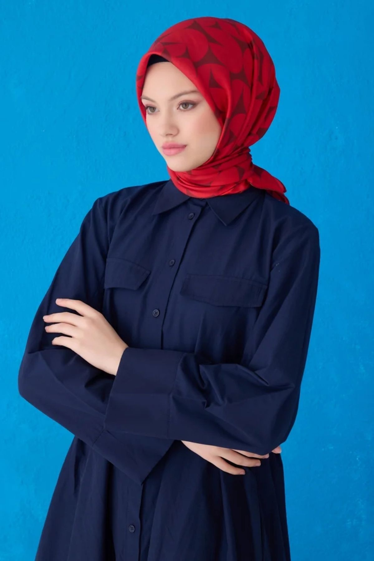 Belli Twill İpek Eşarp 4117D Geometrik Desen Kırmızı-Acı Kahve-34