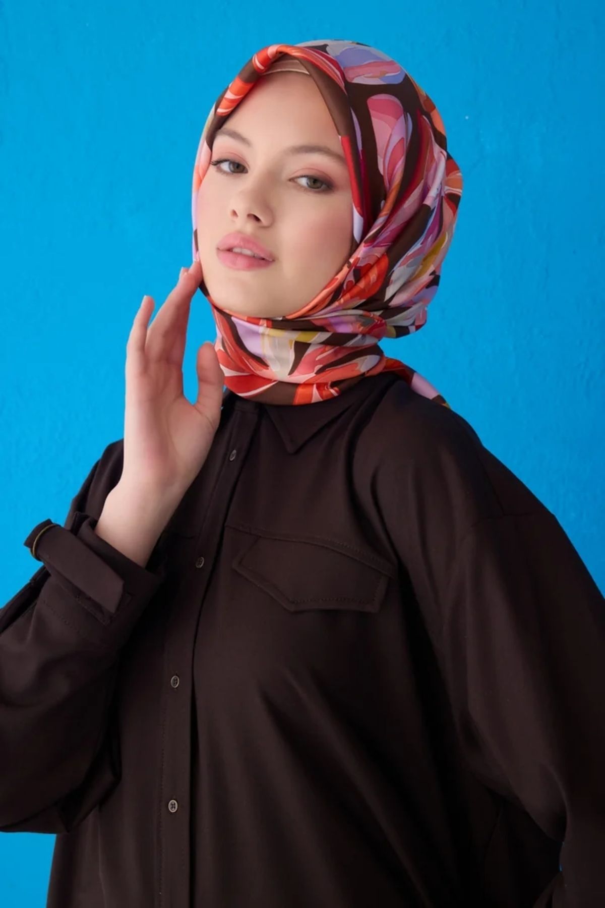 Belli Twill İpek Eşarp 4107D Çiçekli Desen Acı Kahve-Mercan-35