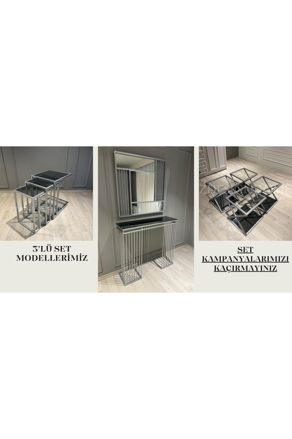 zdesignhome Gümüş 3'lü Set Dresuar , Sehpa, Orta Sehpa