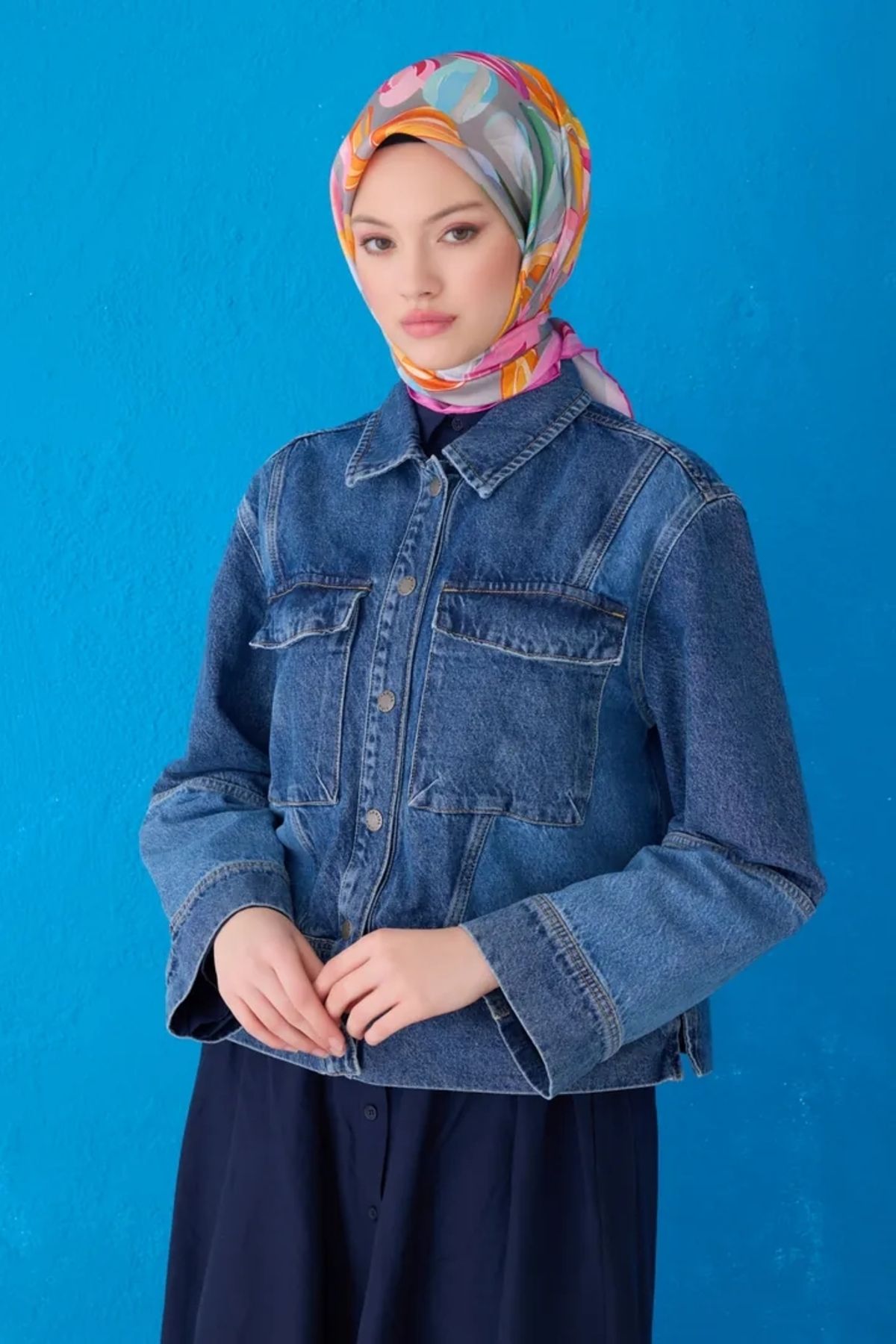 Belli Twill İpek Eşarp 4107D Çiçekli Desen Turuncu-Pembe-34