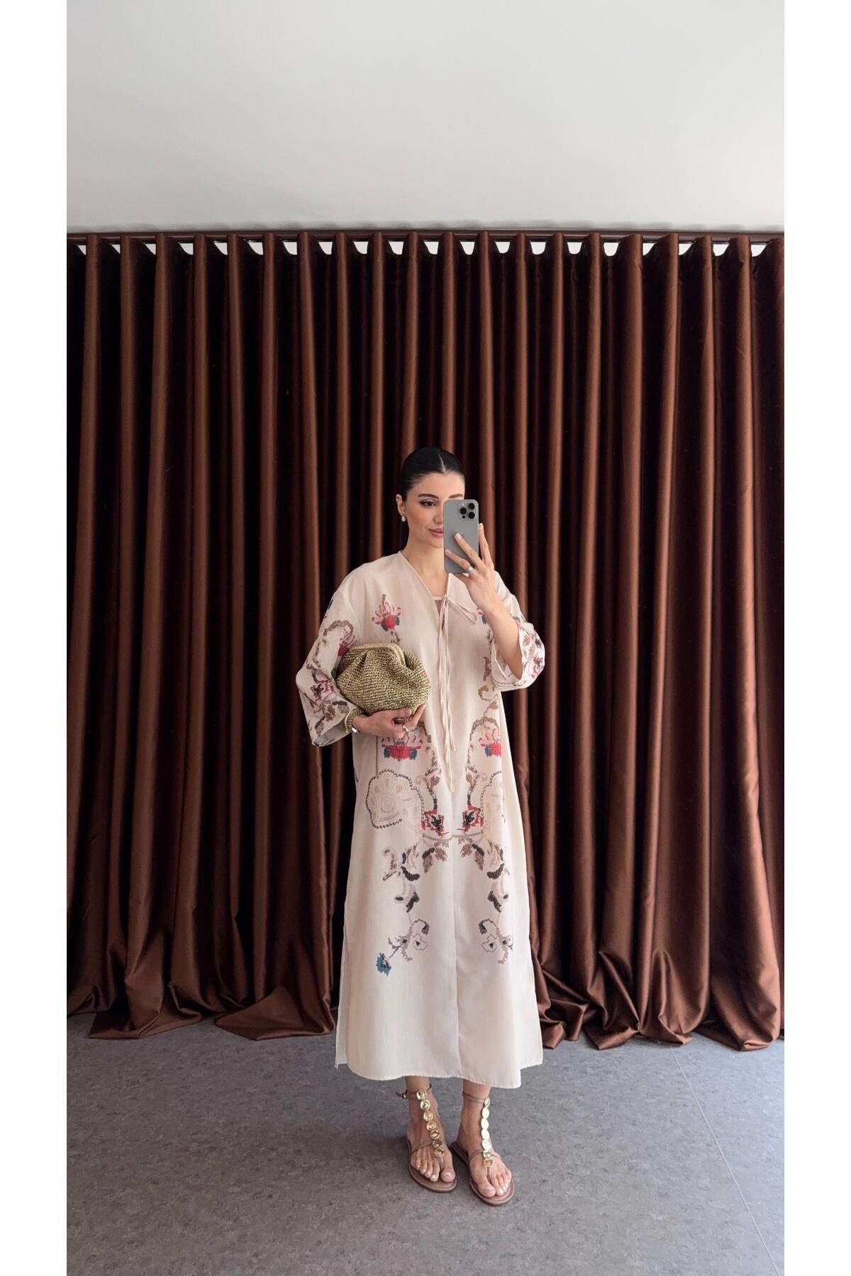HAZELANNA Baskılı Keten Dokulu Kaftan