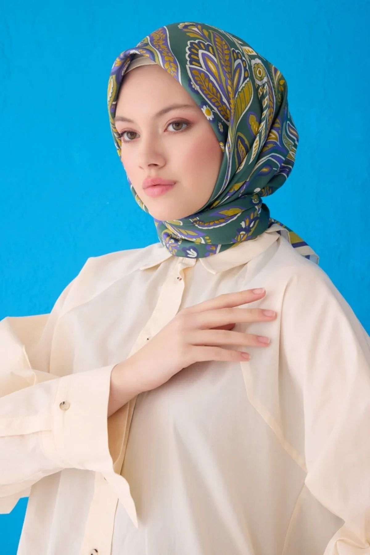 Belli Twill İpek Eşarp 4111D Etnik Desen Fıstık Yeşili-Mor-51