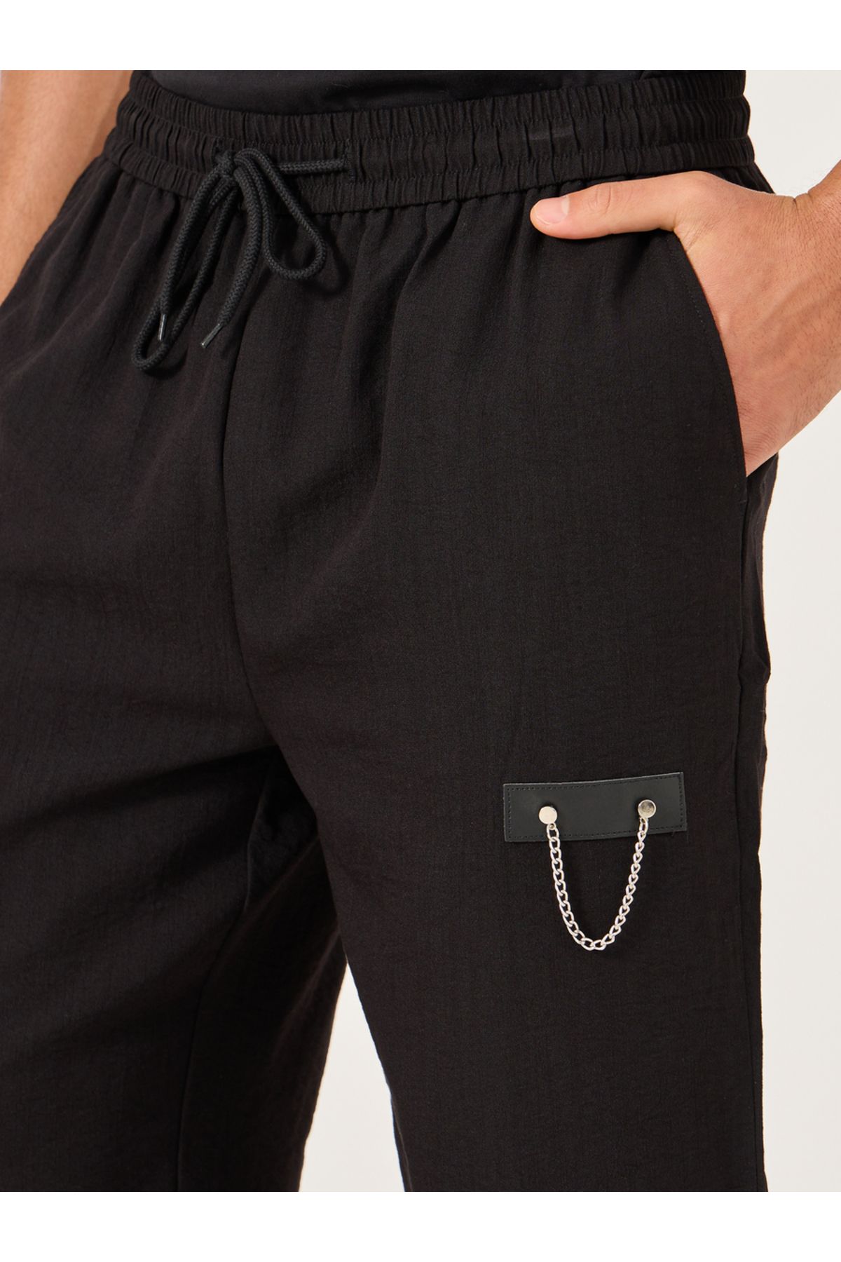 Take Two By Styli-Solid Drawstring Waist Relaxed Fit Pants with Chain Detail 3