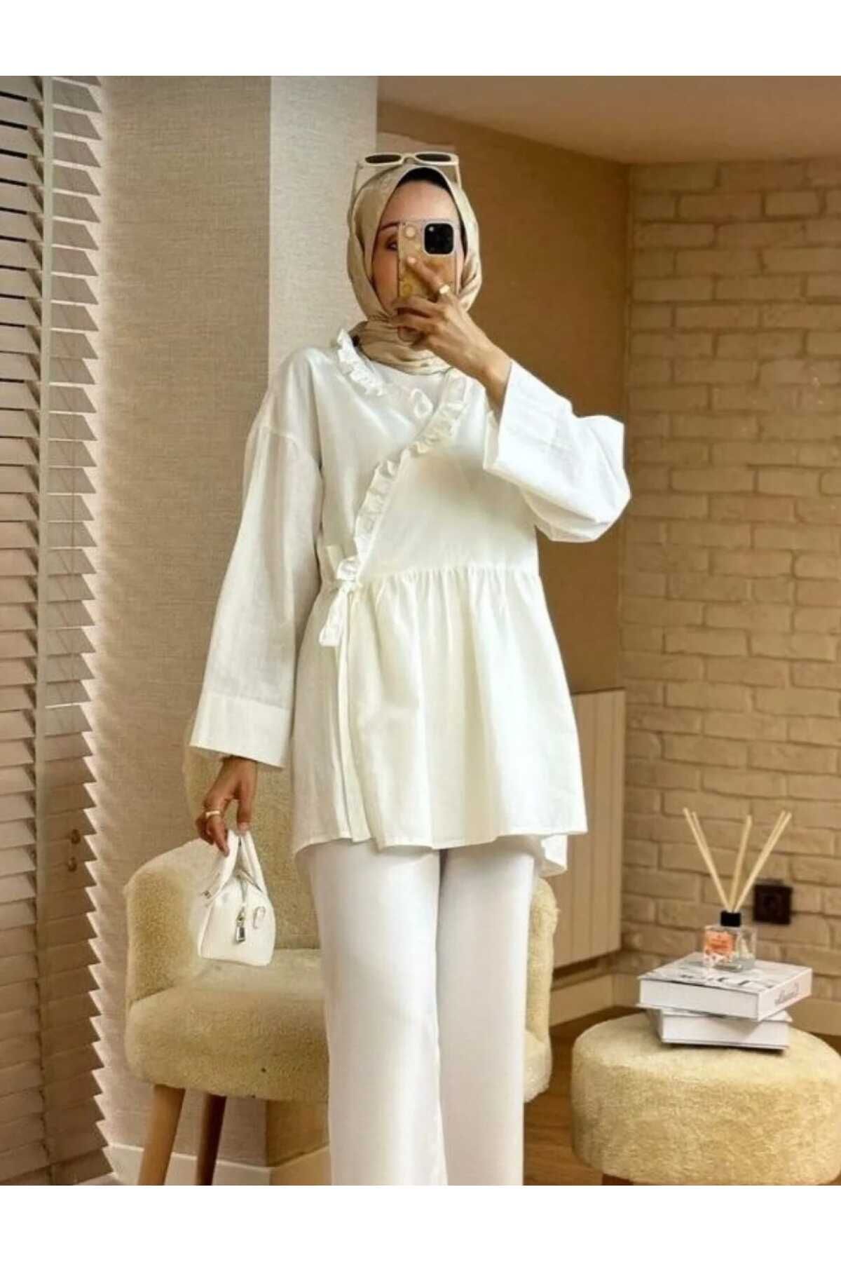 MODA VEDAT Kadın Yaka Fırfır Detaylı Keten Kimono