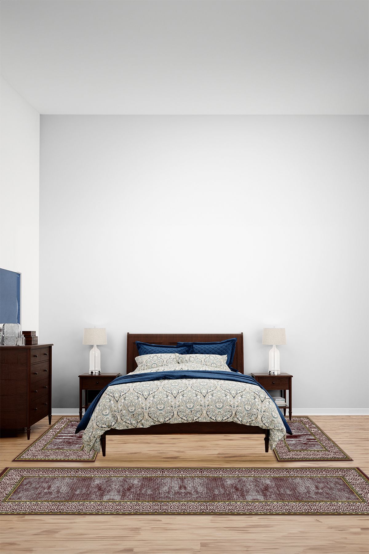 Viyana Home Dijital Kaymaz Yıkanabilir Çerçeveli Kenar Üçlü Yatak Odası Takım Halısı, YO-ÇERÇEVELİ-177-BORDO,