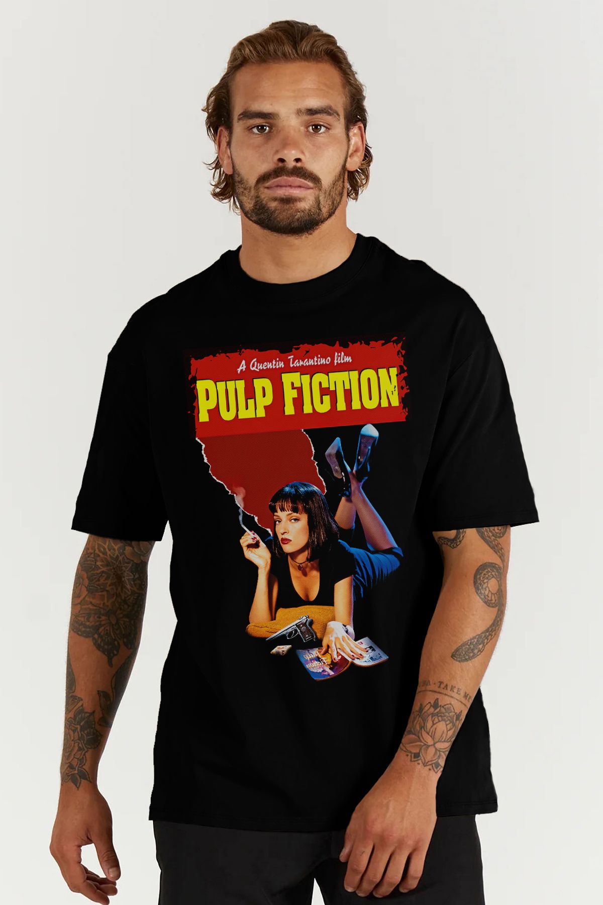 MODA Pulp Fiction Uma Thurman Ucuz Roman Baskılı Oversize Kalıp Siyah Geniş Bol Kesim Erkek Tişört