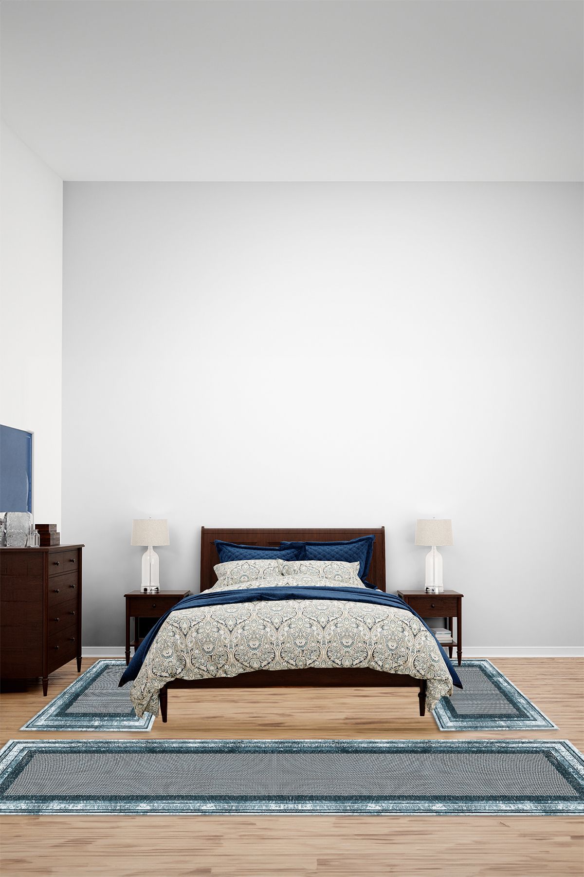Viyana Home Dijital Kaymaz Yıkanabilir Çerçeveli Model Üçlü Yatak Odası Takım Halısı, YO-ÇERÇEVELİ-193-MAVİ,