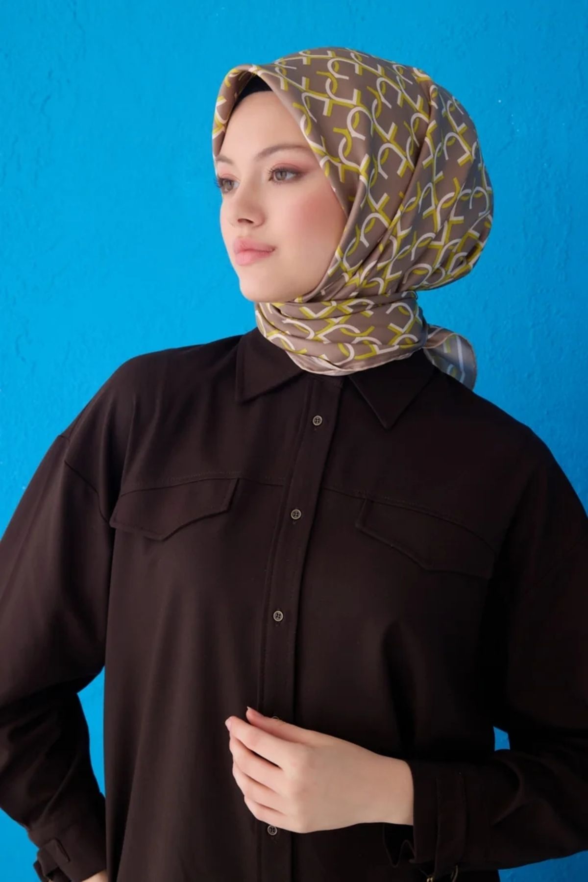Belli Twill İpek Eşarp 4102D Geometrik Desen Bej-Sarı-33