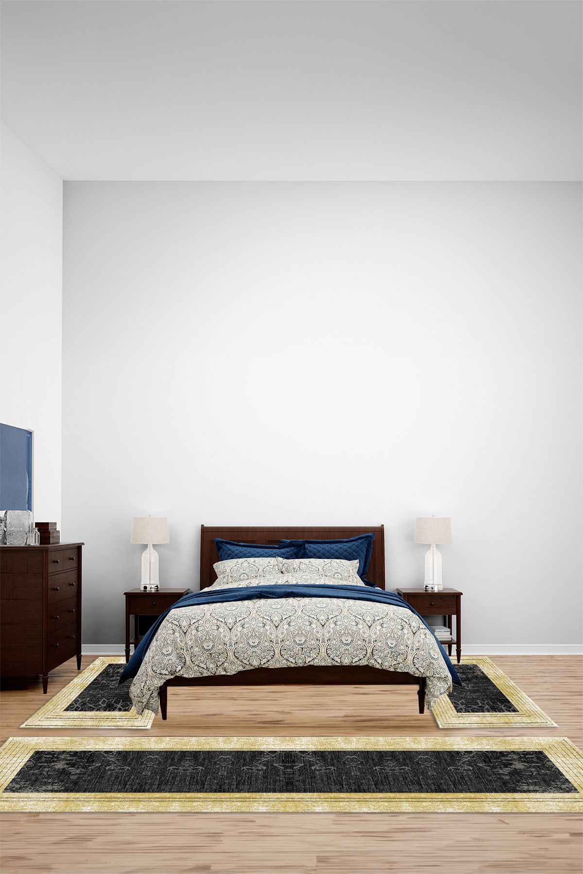 Viyana Home Dijital Kaymaz Yıkanabilir Çerçeveli Çizgi Üçlü Yatak Odası Takım Halısı, YO-ÇERÇEVELİ-185-GOLD,