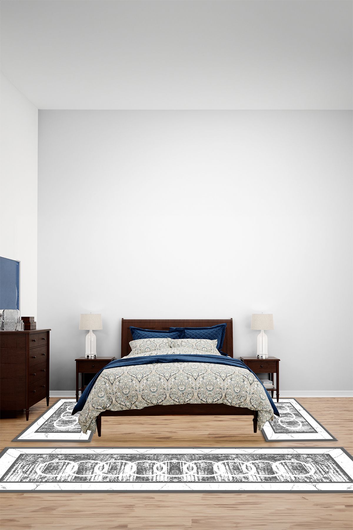 Viyana Home Dijital Kaymaz Yıkanabilir Çerçeveli Mermer Üçlü Yatak Odası Takım Halısı, YO-ÇERÇEVELİ-200-GRİ,