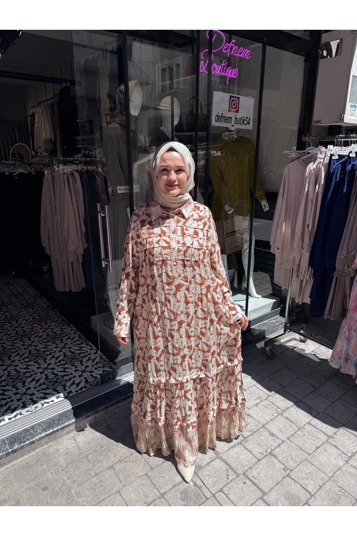 DEFNEMBUTİK54 Lissmore Gömlek Yaka Yarım düğmeli taba Desen Elbise