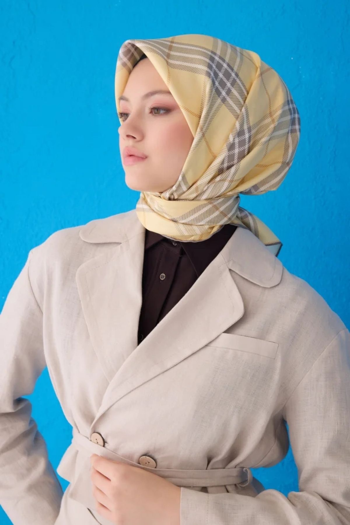 Belli Twill İpek Eşarp 4122D Ekose Desen Sarı-32