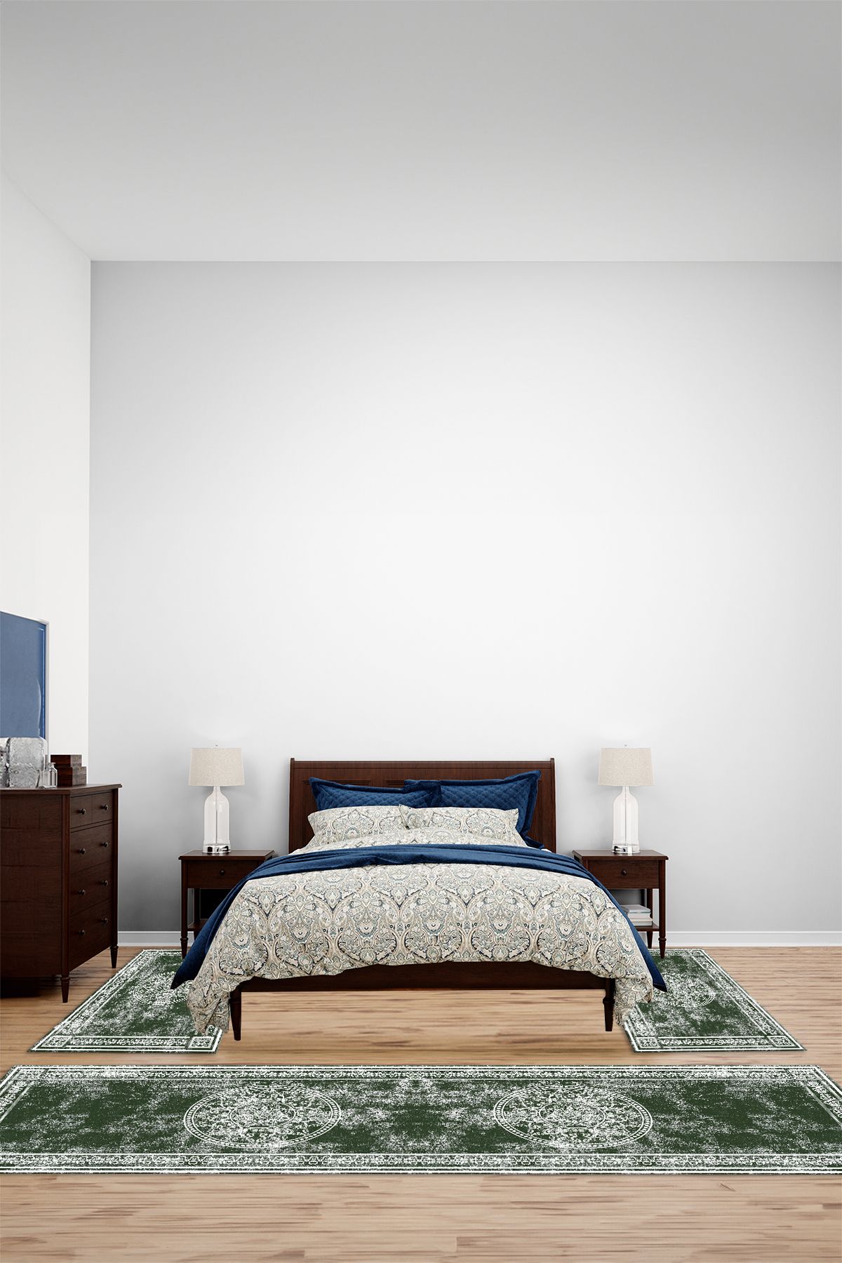 Viyana Home Dijital Kaymaz Yıkanabilir Çerçeveli Klasik Üçlü Yatak Odası Takım Halısı, YO-ÇERÇEVELİ-165-YEŞİL,