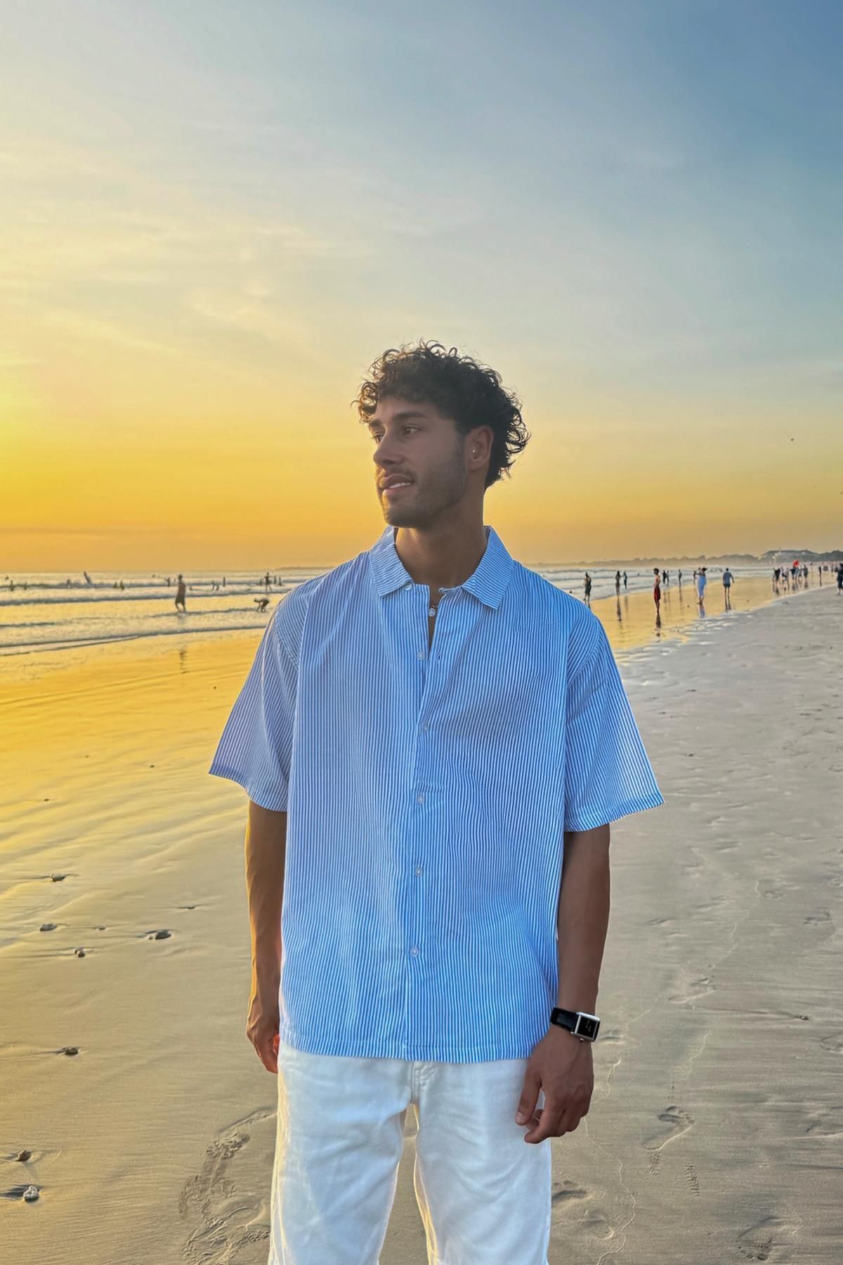 Flaw Wear Çizgili Oversize Mavi Kısa Kol Gömlek