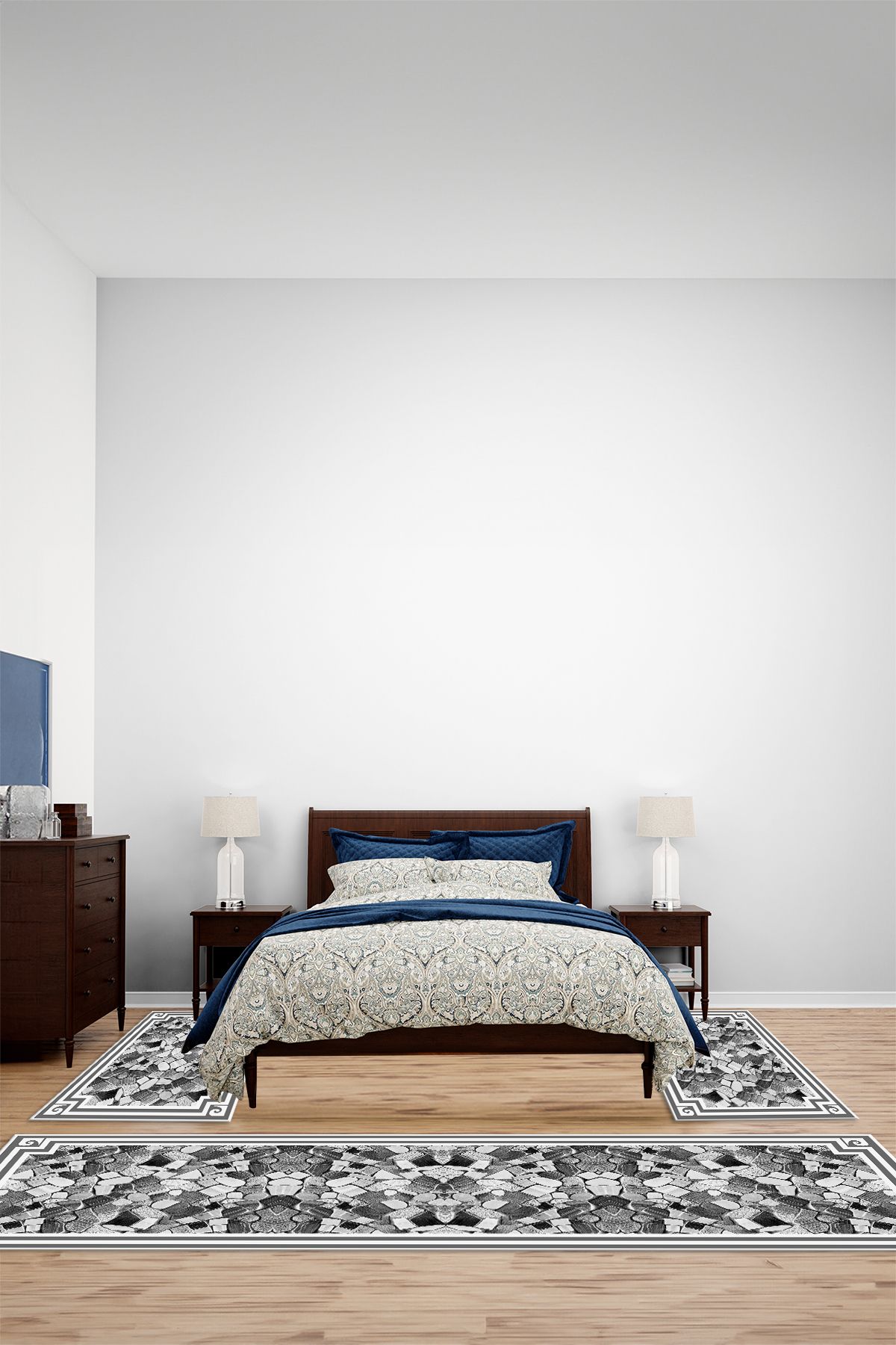 Viyana Home Dijital Kaymaz Yıkanabilir Çerçeveli Taş Üçlü Yatak Odası Takım Halısı, YO-ÇERÇEVELİ-186-GRİ,