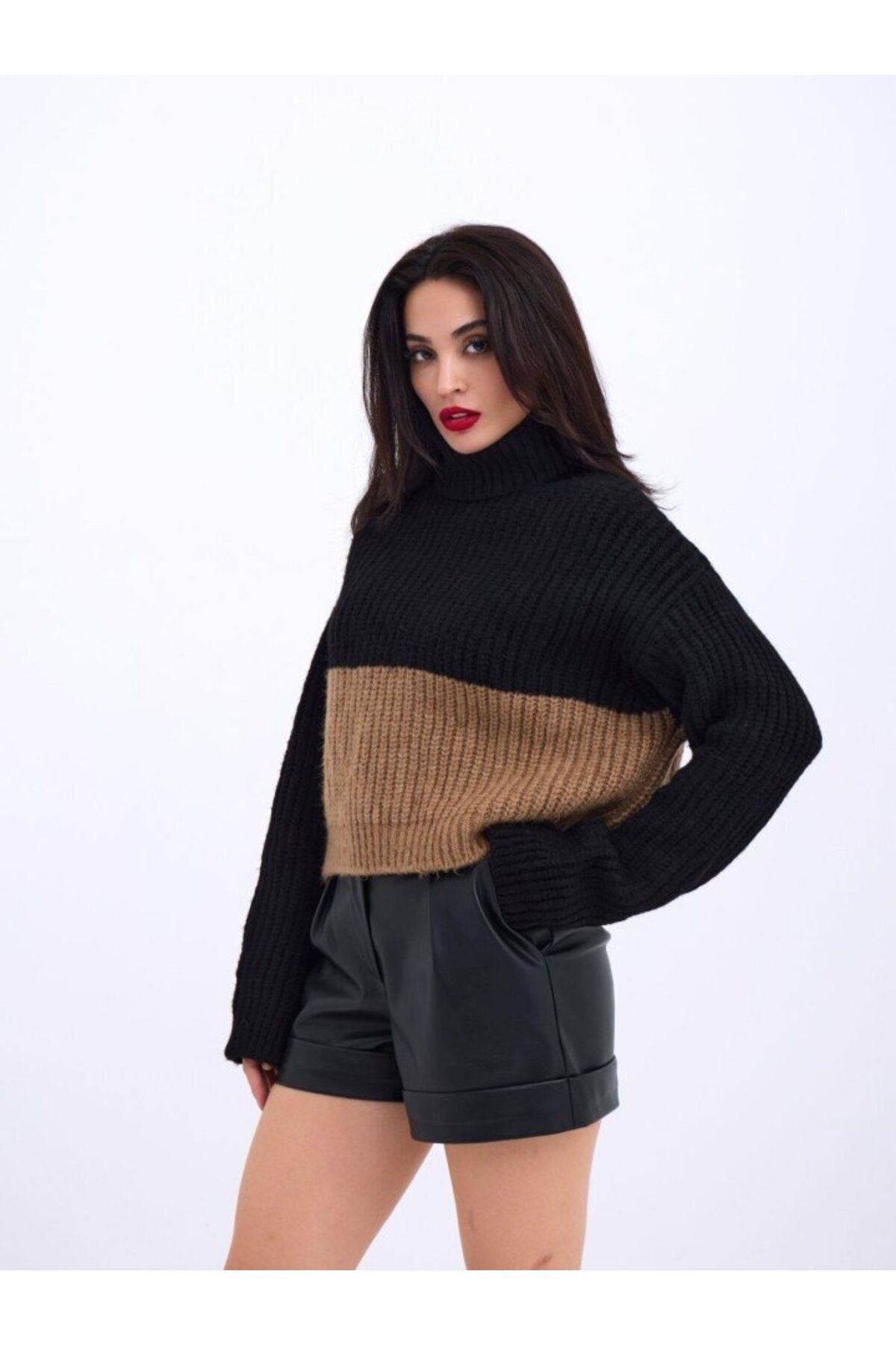 D&M Life Collection 3904 TRİKO BALIKÇI ÇİZGİLİ KAZAK-SİYAH-VİZON