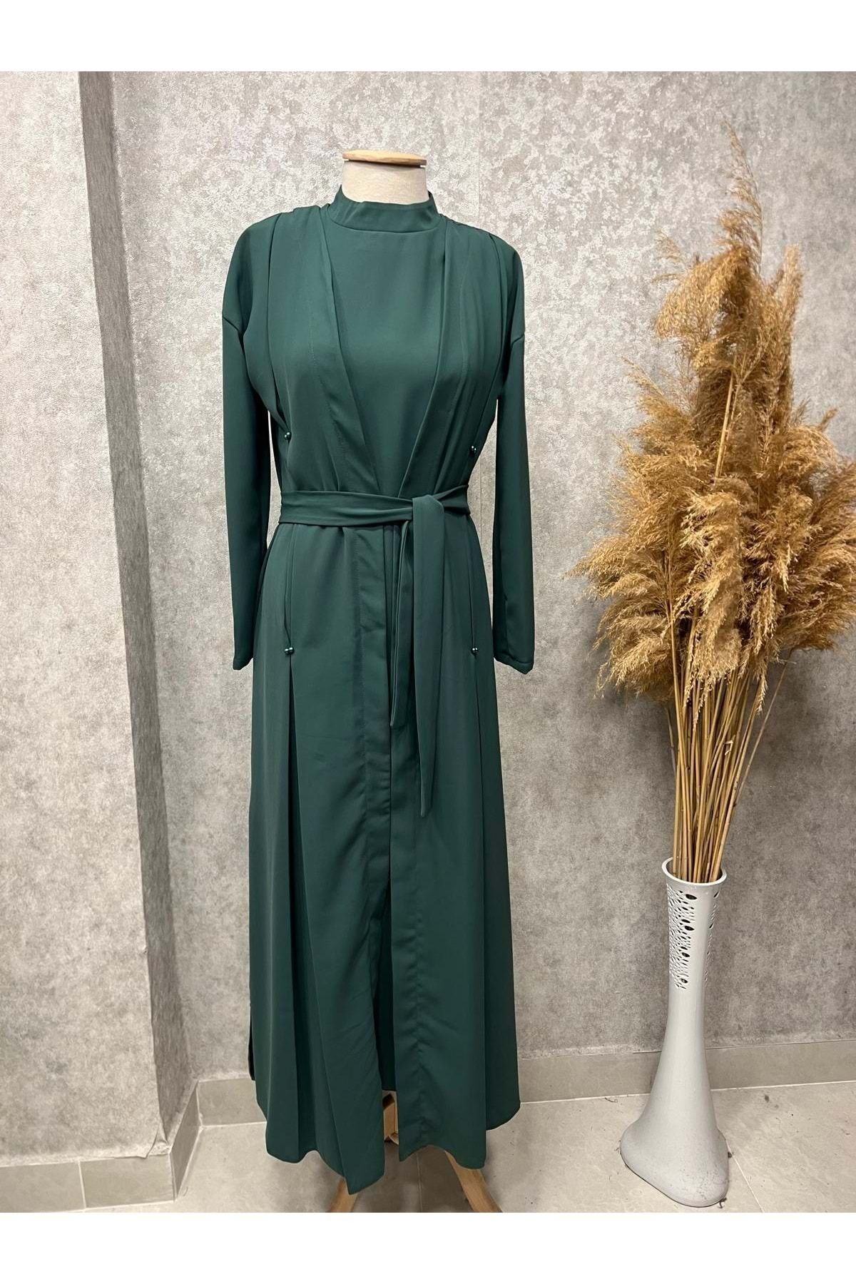 naqshestore 25Y8446 ABAYA İÇLİK TAKIM KOL BONCUK DETAY YAN YIRTMAÇ DETAY YEŞİL