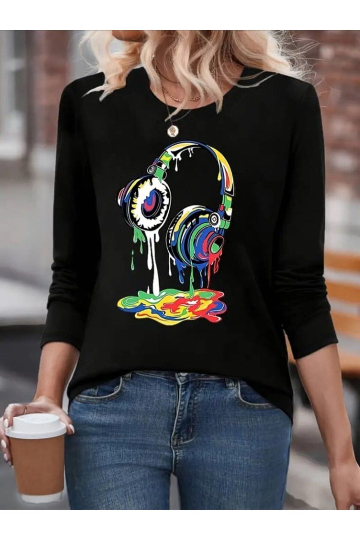 D&M Life Collection Kadın Uzun Kollu Bisiklet Yaka Baskılı Iki Iplik Bluz - S-M - Siyah