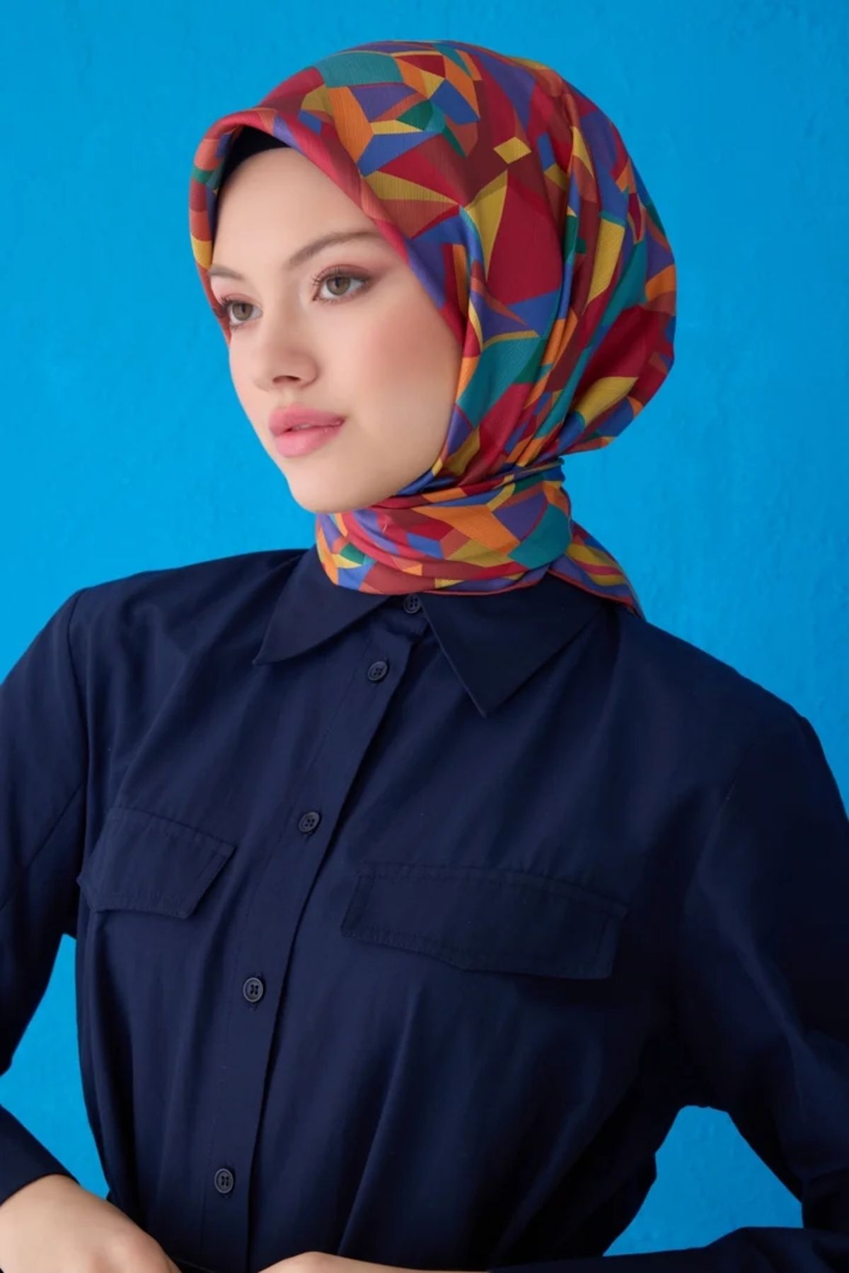 Belli Twill İpek Eşarp 4106D Geometrik Desen Mor-Mercan-50
