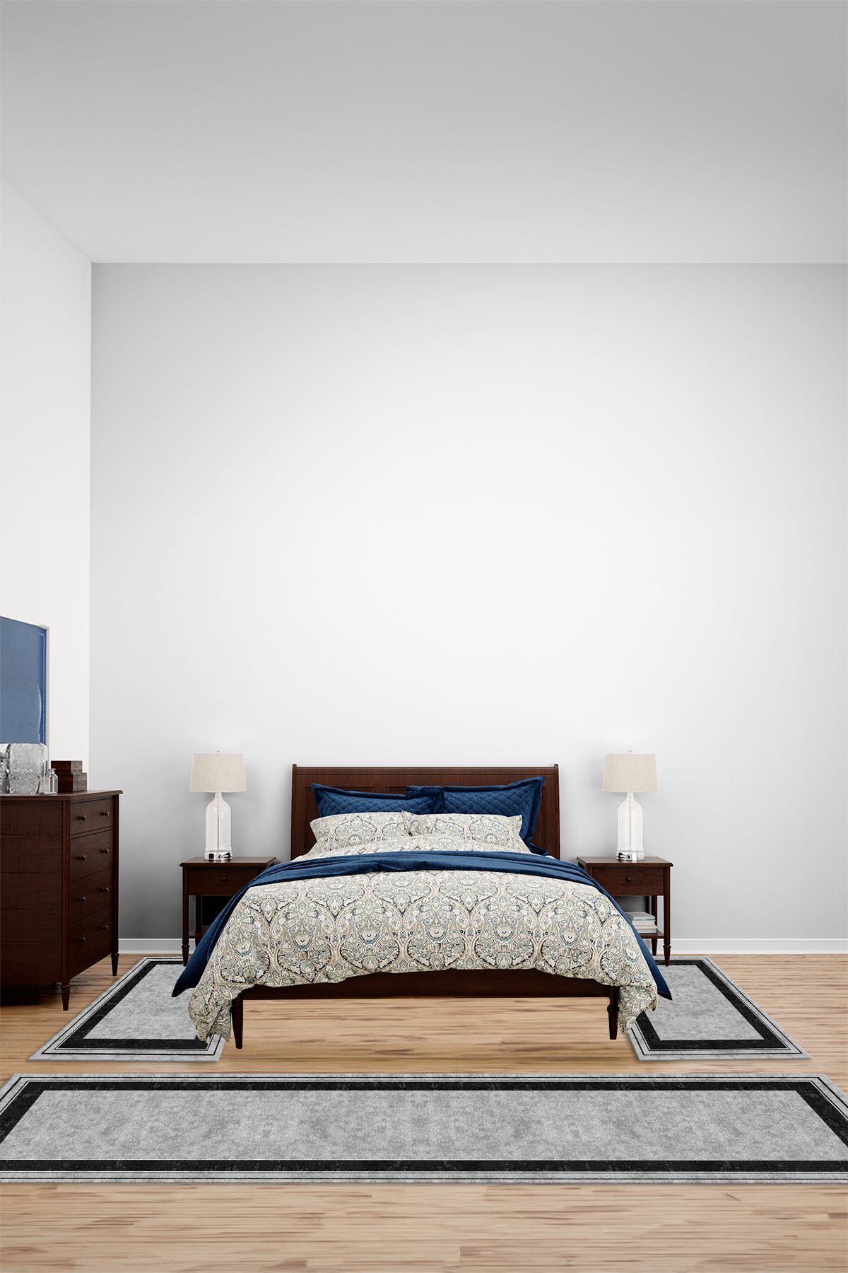 Viyana Home Dijital Kaymaz Yıkanabilir Çerçeveli Sade Üçlü Yatak Odası Takım Halısı, YO-ÇERÇEVELİ-134-GRİ,