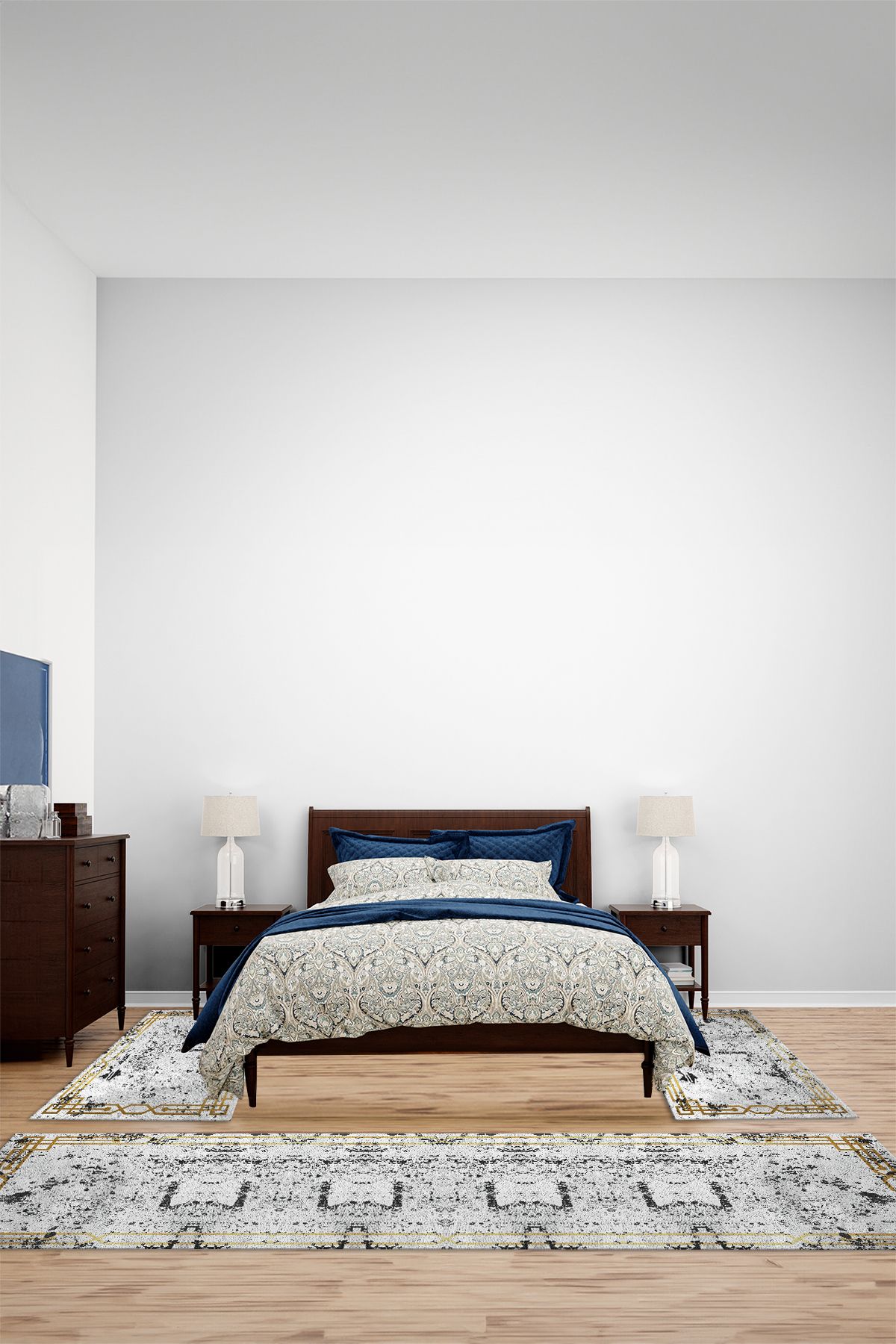 Viyana Home Dijital Kaymaz Yıkanabilir Çerçeveli Desen Üçlü Yatak Odası Takım Halısı, YO-ÇERÇEVELİ-143-GOLD,